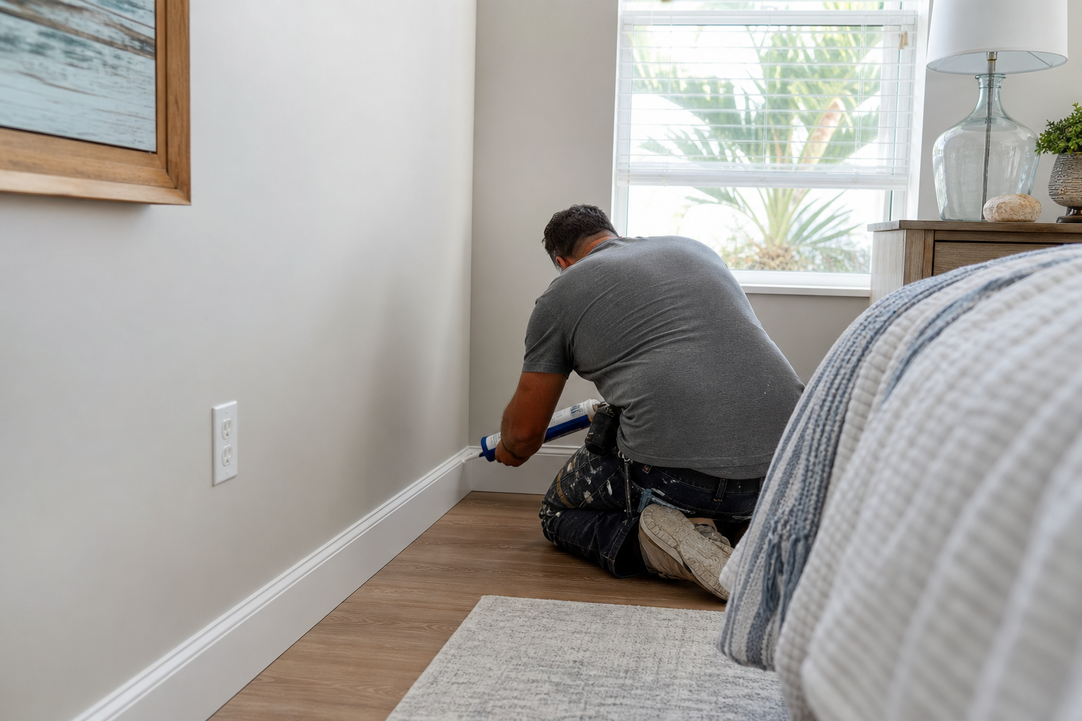 Baseboard installation and trim caulking in a Palm Bay bedroom
