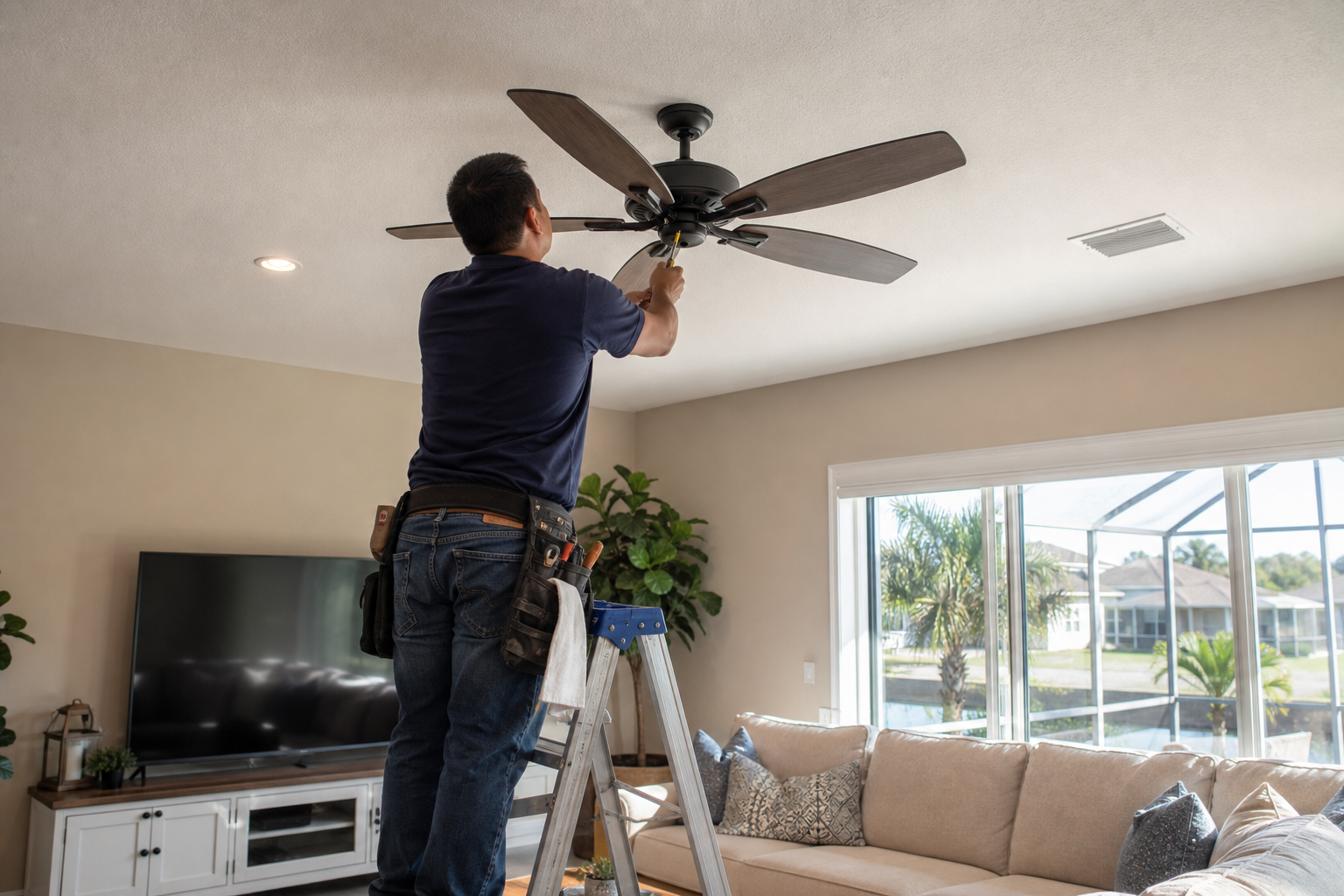 Handyman replacing a ceiling fan in a Palm Bay living room